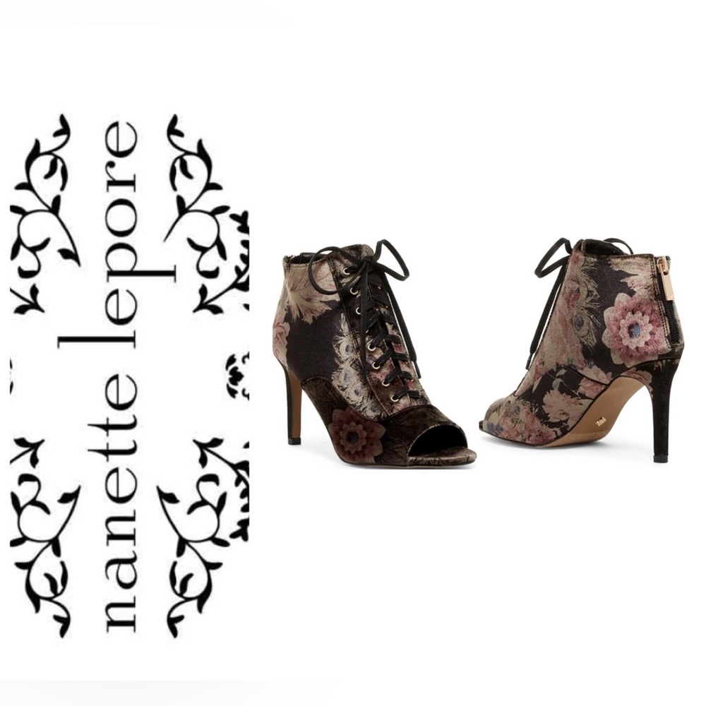 Nanette Lepore Halle velvet floral peeptoe lace up heeled booties